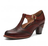 Genuine Leather Hook & Loop Comfy Retro Brown T-strap Heels