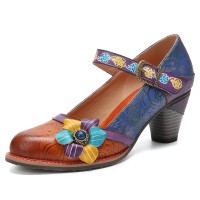 Genuine Leather Hook & Loop Floral Embellished Comfy Mary Jane Heels