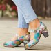  Genuine Leather Hook & Loop Leaf Painted Comfy Mary Jane Heels