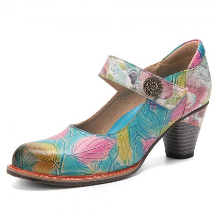  Genuine Leather Hook & Loop Leaf Painted Comfy Mary Jane Heels