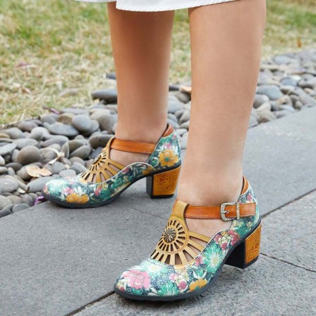 Genuine Leather Retro Floral Hook & Loop Comfy T-strap Heels