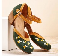 Women Embroidery Round Toe Ankle Strap Comfy Casual Heels Pumps