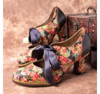 Women Elegant Graceful Little Flowers Printed Comfy Wearable Lace Up Stitching Chunky Heel Pumps