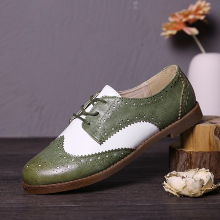 LOSTISY Color Block Lace Up Casual Women Brogue Flats Shoes