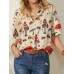 Casual Mushroom Print Lapel Collar Half Sleeve Button Blouse For Women