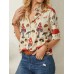 Casual Mushroom Print Lapel Collar Half Sleeve Button Blouse For Women