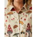 Casual Mushroom Print Lapel Collar Half Sleeve Button Blouse For Women