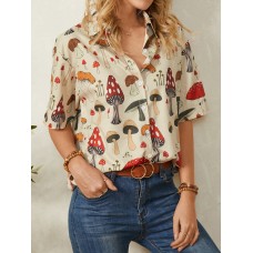 Casual Mushroom Print Lapel Collar Half Sleeve Button Blouse For Women