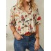 Casual Mushroom Print Lapel Collar Half Sleeve Button Blouse For Women