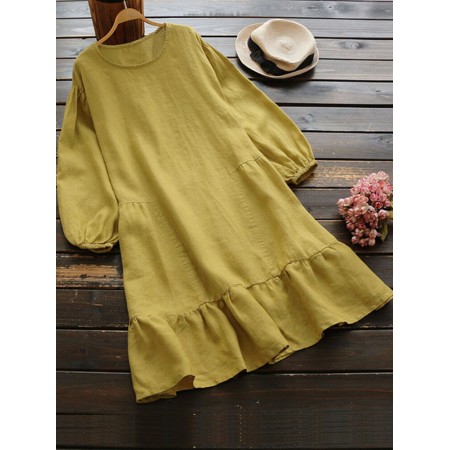 Casual Women Cotton Solid Color Long Sleeve Round Neck Side Pockets Dress