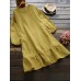 Casual Women Cotton Solid Color Long Sleeve Round Neck Side Pockets Dress