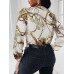 Chain Print Cowl Neck Puff Long Sleeve Women Blouse