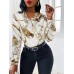 Chain Print Cowl Neck Puff Long Sleeve Women Blouse