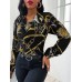 Chain Print Cowl Neck Puff Long Sleeve Women Blouse