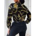 Chain Print Cowl Neck Puff Long Sleeve Women Blouse