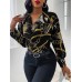 Chain Print Cowl Neck Puff Long Sleeve Women Blouse