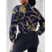 Chain Print Cowl Neck Puff Long Sleeve Women Blouse