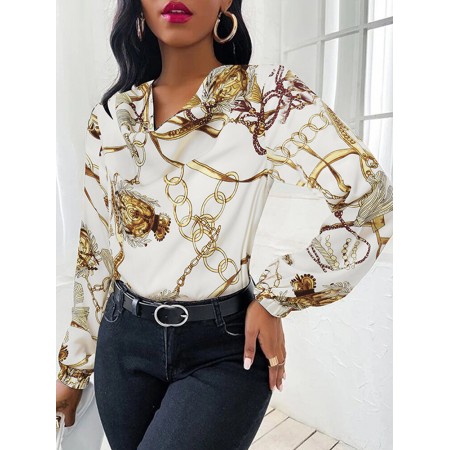 Chain Print Cowl Neck Puff Long Sleeve Women Blouse