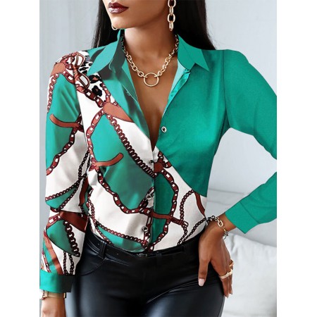 Chain Print Long Sleeve Lapel Button Down Shirt