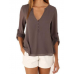 Chiffon Buttons V-Neck Irregular Hem Adjustable Sleeves Solid Causal Blouse