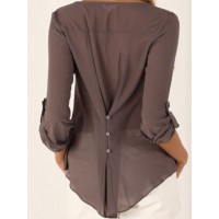 Chiffon Buttons V-Neck Irregular Hem Adjustable Sleeves Solid Causal Blouse