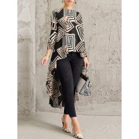 Geometric Printed Irregular Hem O-neck Casual Long Sleeve Blouse For Women