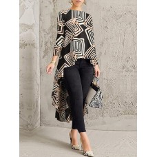 Geometric Printed Irregular Hem O-neck Casual Long Sleeve Blouse For Women