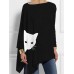 Irregular Cartoon Cat Print Long Sleeve Splited Blouse