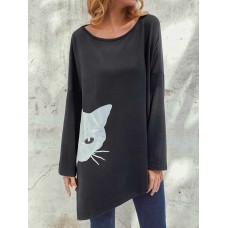 Irregular Cartoon Cat Print Long Sleeve Splited Blouse