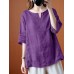 Women 100% Cotton Solid O-Neck Loose Raglan Sleeve Loose Blouse