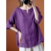 Women 100% Cotton Solid O-Neck Loose Raglan Sleeve Loose Blouse