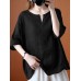 Women 100% Cotton Solid O-Neck Loose Raglan Sleeve Loose Blouse