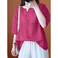 Women 100% Cotton Solid O-Neck Loose Raglan Sleeve Loose Blouse