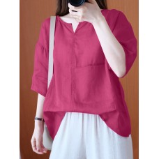 Women 100% Cotton Solid O-Neck Loose Raglan Sleeve Loose Blouse