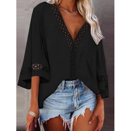 Women Bohemian Retro Lace Patchwork Three Quarter Sleeve Casual Blouses