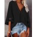 Women Bohemian Retro Lace Patchwork Three Quarter Sleeve Casual Blouses