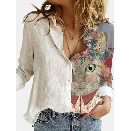 Women Cute Cartoon Cat Print Lapel Collar Button Up Long Sleeve Shirts