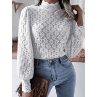 Women Lace Flower O-Neck Solid Color Long Sleeve Zipper Casual Shirts