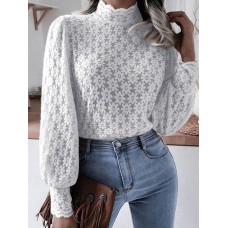 Women Lace Flower O-Neck Solid Color Long Sleeve Zipper Casual Shirts