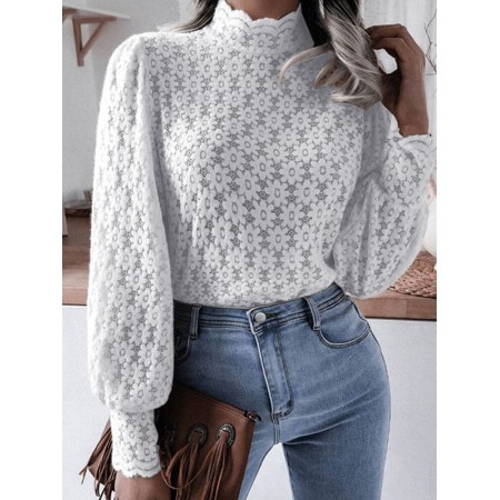 Women Lace Flower O-Neck Solid Color Long Sleeve Zipper Casual Shirts