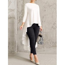 Women Long Sleeve Crew Neck High Low Hem Solid Blouse