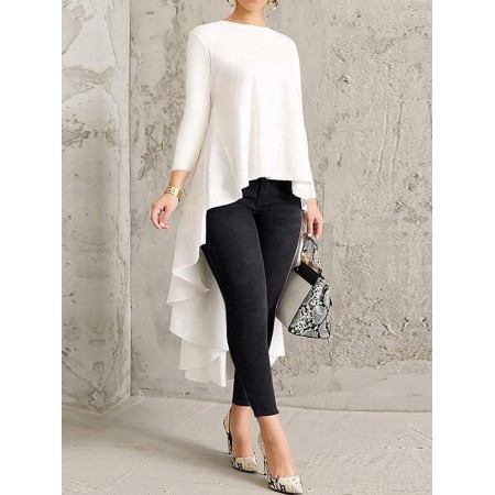 Women Long Sleeve Crew Neck High Low Hem Solid Blouse