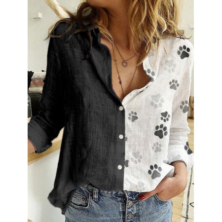 Women Paw Print Patchwork Long Sleeve Button Casual Shirts