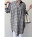 Women Plaid Side Fork Buttons Full Sleeve Loose Cutting Lapel Shirt