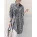 Women Plaid Side Fork Buttons Full Sleeve Loose Cutting Lapel Shirt