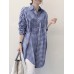 Women Plaid Side Fork Buttons Full Sleeve Loose Cutting Lapel Shirt