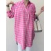 Women Plaid Side Fork Buttons Full Sleeve Loose Cutting Lapel Shirt