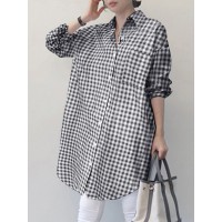 Women Plaid Side Fork Buttons Full Sleeve Loose Cutting Lapel Shirt