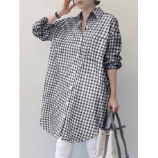 Women Plaid Side Fork Buttons Full Sleeve Loose Cutting Lapel Shirt