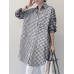 Women Plaid Side Fork Buttons Full Sleeve Loose Cutting Lapel Shirt